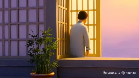 ### **5. 夜卧早起迎朝阳**  
**画面元素**：  
- 清晨微光中，中式庭院窗棂半开，窗外朝阳初升。  
- 人物（穿素色睡衣）推开窗户，伸懒腰迎接阳光。  
- 窗台摆一盆绿植（如文竹），鸟雀飞过天际。  
**色彩**：浅金（晨光）、淡紫（天际）、灰白（窗棂）、墨绿（盆栽）。  
**风格**：水墨淡彩，光影朦胧，突出“晨起”的静谧感。 by Hailuo AI Video Generator