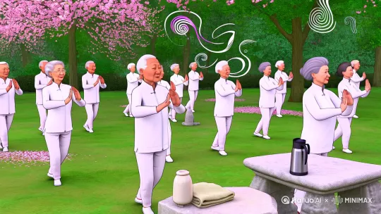 . 舒展筋骨太极忙**  
**画面元素**：  
- 公园空地，一群老年人穿白色练功服打太极，动作舒缓统一。  
- 背景樱花盛开，地面散落花瓣，石桌上放保温杯和毛巾。  
- 动态模糊处理手部动作，突出“柔中带刚”。  
**色彩**：粉白（樱花）、纯白（服饰）、浅灰（石桌）、青绿（草地）。  
**风格**：扁平插画，线条简洁，人物动作符号化（如螺旋形气流）。 by Hailuo AI Video Generator