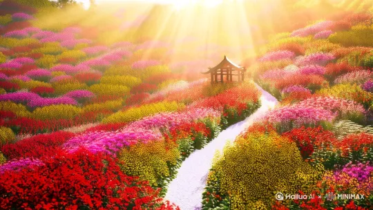 在一片无边无际的花海中，仿佛置身梦幻之境。从空中俯瞰，大片五彩斑斓的花朵竞相绽放，红的热烈、粉的娇柔、黄的明媚。花海中蜿蜒着一条白色石子小路，路的尽头是一座精致的木质小亭。阳光毫无保留地倾洒，每一朵花都被照亮，花瓣上的露珠折射出璀璨光芒。微风吹过，花海如波浪般起伏。音乐舒缓轻柔，与花朵摇曳声交织。画面采用3D建模，虚幻引擎打造，定焦镜头拍摄，光线为明亮日光，清新暖色调，8K分辨率，每秒60帧。 by Hailuo AI Video Generator