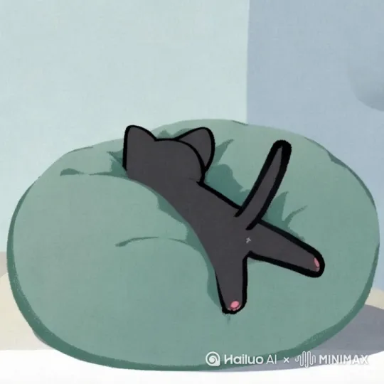 根据图片生成动画视频，要求动画里的小猫远远奔向图片里的抱枕，尾巴翘起来，后面双脚分开，就像人倒向床上特别解压。 by Hailuo AI Video Generator