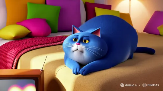 一只蓝色胖猫在床上躺着看电视，画面温馨 by Hailuo AI Video Generator