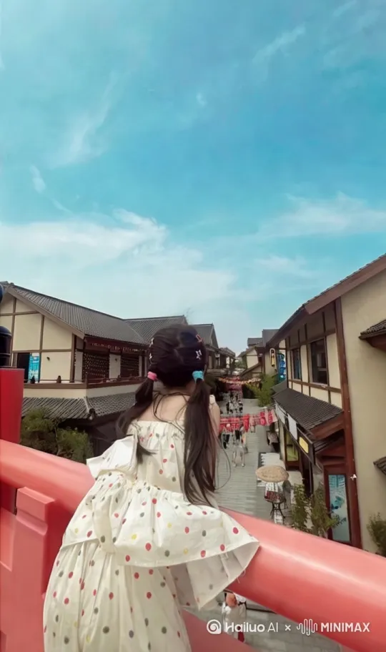 小女孩跳下围栏，水平向前飞去[推进,上升] by Hailuo AI Video Generator