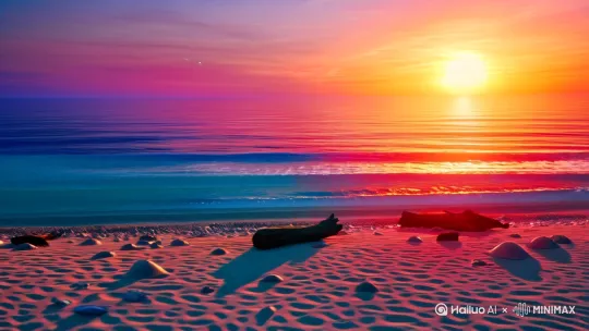 画面中是一片广阔无垠的大海，海水在夕阳的映照下，呈现出橙红色、紫色和蓝色的渐变色彩。海浪轻轻地拍打着沙滩，发出悦耳的声音。沙滩上有一些贝壳和海星，还有一些被海水冲上岸的漂流木。在远处的海平面上，太阳正缓缓落下，它的余晖将天空染成了一片绚丽的火海，几只海鸥在天空翱翔，发出清脆的叫声。[左移,推进,右摇] by Hailuo AI Video Generator