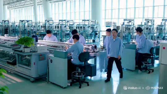 在南方一座现代化电子厂内，一群工人正专注于手头工作。工厂空间开阔，线条简洁流畅，高科技的自动化设备有序排列，散发着金属质感的冷光，设备运转发出轻微而规律的机械声。车间内采光极佳，自然光透过大面积的明亮窗户洒下，配合柔和的人工照明，营造出舒适的工作氛围。四周摆放着精心养护的绿植，点缀出清新的绿意。
 
工人们身着整洁统一的浅蓝色工服，脸上带着专注且轻松的神情。有的坐在操作台前，细致地操控着精密仪器进行电子元件的组装，动作娴熟且有条不紊；有的在生产线旁，认真检查着流水线上产品的质量，眼神专注而敏锐。
 
在工厂周边，是环境优美的配套区域。错落有致的绿化景观环绕，鲜花绽放色彩斑斓。员工宿舍外观简约时尚，内部设施齐全温馨，床铺整齐，房间干净明亮。食堂宽敞整洁，桌椅摆放有序，供应着丰富多样的餐食，墙壁上装饰着温馨的画作与励志标语。整个工厂给人一种高效、舒适且宜人的工作生活印象。 by Hailuo AI Video Generator