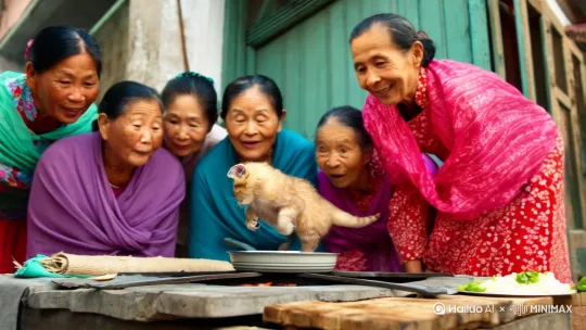 小猫在大街上做饭，好多大妈围着看卡通形式 by Hailuo AI Video Generator