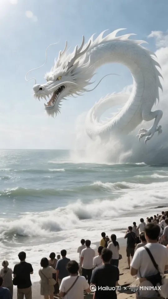 镜头跟随，龙吼叫一声，向天空飞去，游客沸腾了，纷纷拿出手机拍照，电影质感，高清 by Hailuo AI Video Generator