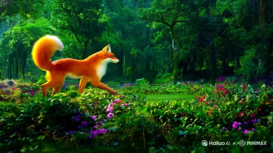一只美丽的九尾狐狸[推进,上升]，在绿树浓荫、鲜花盛开的大森里由远景跑至镜头前（推进镜头），[下降,上摇]随后站起身行，慢慢幻化成一只半人型狐狸，[右移,左摇,跟随]随后身形一抖动，眼前一团烟雾缭绕，[推进,上升]人形狐狸又幻化成一位美丽的东方女孩，肖像特写，[右移,左摇,跟随]长发、白纱裙，头戴美丽花饰，原地优美的舞蹈旋转动作，[左移,上升]嫣然一笑，唯美动人。[右移,跟随]镜头跟随，远景中景近景相互交错，复杂光影，空间三维，构图绝美，大师级摄影作品 by Hailuo AI Video Generator