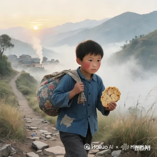 艰难地走在上学的路上，还要上坡[左移,上升][右移,跟随] by Hailuo AI Video Generator