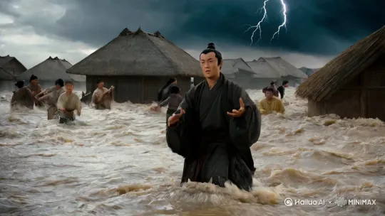 镜头1：坚毅威严的大禹身着古代服饰站在汹涌洪水中挥手指挥，身后村民们惊慌失措地奔跑，泥水淹没茅草屋顶，远处乌云密布雷电交加，古代水墨画风格呈现悲壮治水场景。  

镜头2：穿着粗布麻衣的村民们相互搀扶在洪流中挣扎，孩童紧抱树干哭喊，浑浊水流卷着断裂的房梁，倾斜的柳树上挂着残破蓑衣，全景展现古代洪灾的惨烈景象。 by Hailuo AI Video Generator