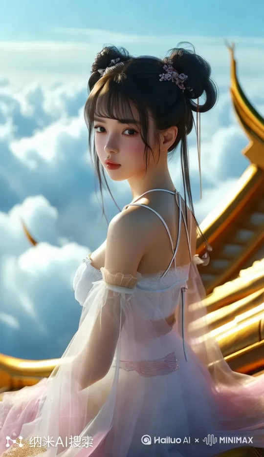 [左移,右摇,跟随]一览众山小，眼睛往镜头，少女转身正面 by Hailuo AI Video Generator