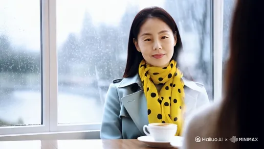 一个美丽的女人，静静的坐在窗前，望着窗外的雨，一个长长的镜头拉近到女人脸上特写，窗户的雨点慢慢的在玻璃上滚落下来，他的桌前一杯带着热气的咖啡，那浅蓝色的风衣配上黄色带黑点的纱巾。 by Hailuo AI Video Generator