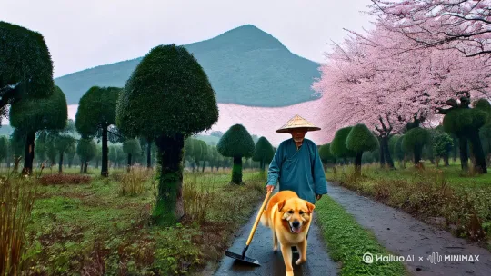 一位身着斗笠的大爷扛着锄头，身边跟着一条大黄狗，走在淅沥小雨的乡村小路上，路两边有些粗细，高矮不一的树木和被雨点淋着的杂草，不远的山上盛开着稀疏的桃花[推出,上升,下摇] by Hailuo AI Video Generator
