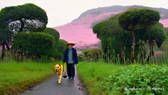 一位身着斗笠的大爷扛着锄头，身边跟着一条大黄狗，走在淅沥小雨的乡村小路上，路两边有些粗细，高矮不一的树木和被雨点淋着的杂草，不远的山上盛开着稀疏的桃花[推出,上升,下摇] by Hailuo AI Video Generator