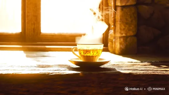 冬日暖阳下，窗台上一杯冒着热气的茶杯 by Hailuo AI Video Generator