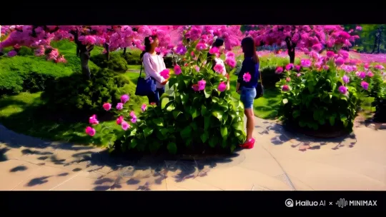 [前推]公园盛开的花随风摇曳，几个美女驻足观看[上摇]几只红色的蝴蝶轻落花头，[环绕]整个公园场景，高清唯物 by Hailuo AI Video Generator