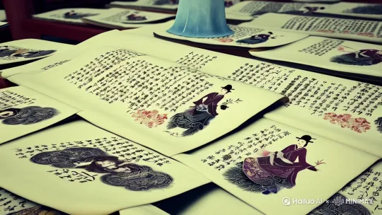 水墨禅意、汉字之美、宣纸、汉服水墨插画、仿佛穿越了时空、与古人对话、宣纸卷轴宛如历史长卷、每一卷都写满了优雅的汉字、在这宣纸卷轴的海洋中、一个穿着汉服的倩影静静站立、它不仅仅是一幅画、更是一个故事、一个情感的寄托、现代真是氛围感、超逼真、知识的海洋、与传统文化相结合的场景 by Hailuo AI Video Generator