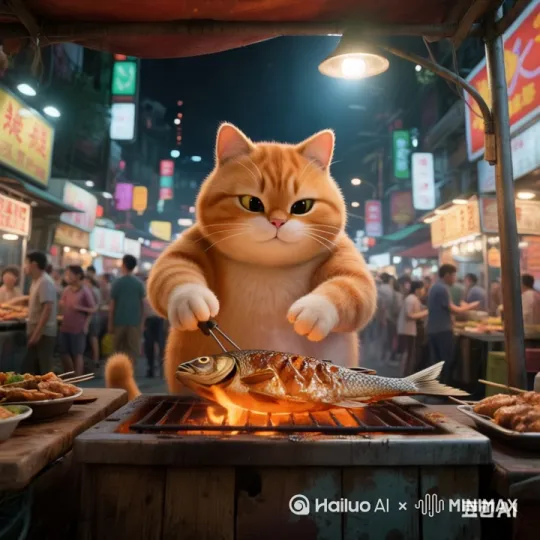 橘猫正烤着鱼，鱼突然爆炸了，一阵黑烟过后，橘猫满脸漆黑 by Hailuo AI Video Generator