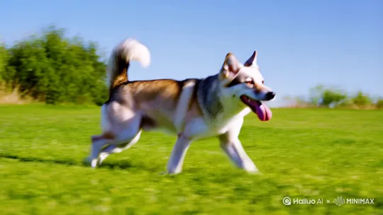晴朗天气下，一只银狐犬在草地上奔跑，尾巴摇摆，吐着舌头，后面一个丰满的女孩穿着瑜伽服在快乐地追逐 by Hailuo AI Video Generator