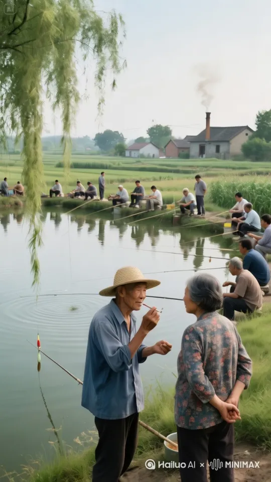 镜头跟随移动，大爷和大妈正在交谈，突然鱼塘里飞向天空，大爷立即使出降龙十八掌中的亢龙有悔，大妈瞬间使出独孤九剑，一声巨响，火星四射，所有鱼直接变鱼片，在场所有人煮起了火锅。 by Hailuo AI Video Generator