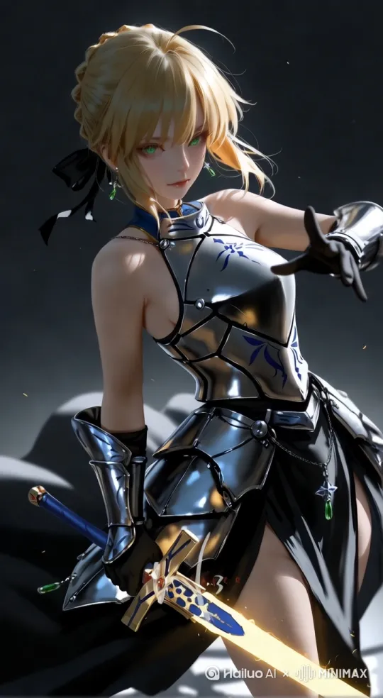 头发飘动，衣服飘动，圣剑发光[下降,上摇] by Hailuo AI Video Generator