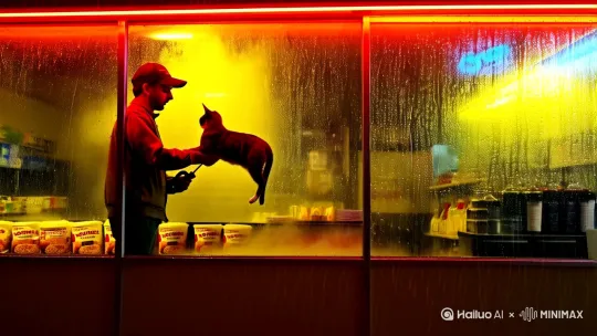 霓虹灯下的便利店：外卖小哥在暴雨中为流浪猫撑伞，玻璃窗上的水珠折射出暖黄灯光，货架上的速食面蒸汽袅袅升起，门外积水[左移,推进,右摇]倒映着城市星空。 by Hailuo AI Video Generator