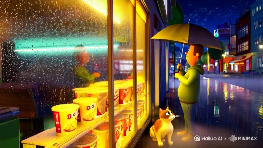 1. 霓虹灯下的便利店：外卖小哥在暴雨中为流浪猫撑伞，玻璃窗上的水珠折射出暖黄灯光，货架上的速食面蒸汽袅袅升起，门外积水倒映着城市星空。[右移,左摇,跟随] by Hailuo AI Video Generator