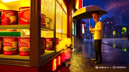 1. 霓虹灯下的便利店：外卖小哥在暴雨中为流浪猫撑伞，玻璃窗上的水珠折射出暖黄灯光，货架上的速食面蒸汽袅袅升起，门外积水倒映着城市星空。[右移,左摇,跟随] by Hailuo AI Video Generator