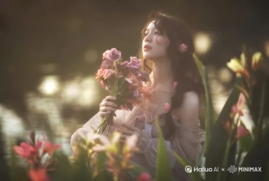 镜头平移，放大人物，图中的女生转过头，正对镜头，微笑，穿上婚纱春日的午后，阳光如碎金般洒落。小女孩穿着粉色的连衣裙，裙摆上绣着精致的小花，像一只轻盈的蝴蝶般穿梭在五彩斑斓的花丛里。她那一头乌黑的头发，随着跑动的步伐轻轻晃动，发尾上的蝴蝶结也跟着跳跃。
 
她一会儿停下脚步，蹲在一丛不知名的小花旁，细细观察着花瓣的纹理，清澈的眼眸里满是好奇与惊喜；一会儿又伸出小手，小心翼翼地触摸那娇嫩的花瓣，仿佛生怕惊扰了这些美丽的精灵。微风拂过，花香四溢，花瓣纷纷飘落，小女孩兴奋地笑着、叫着，伸出双手想要抓住那些飞舞的花瓣。她的笑声清脆悦耳，在花丛间回荡，与这烂漫的春光融为一体。 by Hailuo AI Video Generator