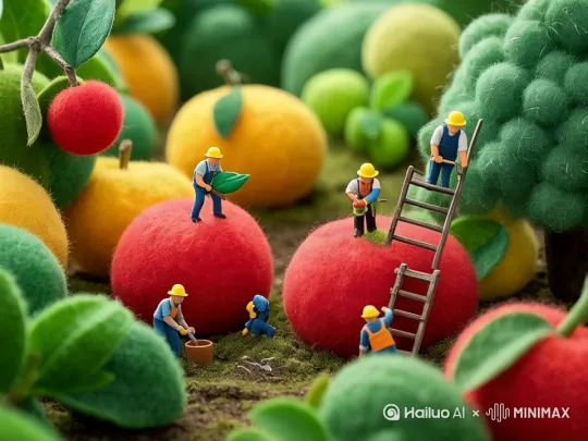 场景描述：晨雾笼罩的巨型果实乐园，昼夜光效在透明叶脉间自然过渡，多镜转场展现全景生态农场的超现实景观。主体描述：蓝帽工队攀爬树脂梯修剪星形叶片，黄队12人推滚带露珠哈密瓜，蝴蝶翅膀搬运工悬吊微缩收割机切割芒果茎。动作描述：女工长睫毛眨动抛接石榴籽形成弧光轨迹，老匠人前额折射彩虹的汗珠滚落苹果皮下颤动纤维。视觉风格：草莓形气压泵随呼吸胀缩，葡萄串脉冲灌溉系统流淌荧光液体，蜂鸟无人机群拖曳纳米肥料光尾。氛围营造：果霜梯度消散形成晨风可视化波纹，爆破的蒲公英释放棱镜光谱，蕨类守卫者叶片周期性展开防御光盾。技术细节：超流体动力学呈现果实皮下肌理颤动，Mobius时间褶皱算法实现昼夜无缝转场，8K HDR光子重绘率匹配144Hz刷新。[左移,推进,右摇] by Hailuo AI Video Generator