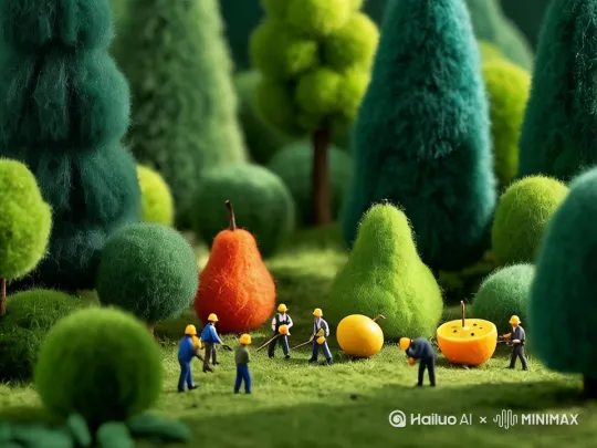 场景描述：微缩森林工坊中晨雾与暮色交替，树脂地面折射彩虹涟漪，天空漂浮着投射菱形光斑的棉花云。主体描述：工人穿戴机械外骨骼搬运发光果实，三人小组用荧光软管虹吸树汁，近景工人手持金色火花电锯切割树脂树枝。动作描述：果实抛接形成25-35度抛物线，橡胶树叶触碰后0.3秒弹性复原，蘑菇伞盖规律释放荧光孢子云。视觉风格：超现实霓虹色调工坊，安全帽探照灯在雾中形成丁达尔效应，树干内部金色液体脉动呼应作业节奏。氛围营造：淡紫色晨雾在热源周围扰动，手套接触树木触发局部变色特效，汗珠随湿度实时生成折射虹光。技术细节：微距镜头呈现0.1mm精度的切割碎屑飘落，超流体动力学模拟树汁流动，Mobius算法实现上帝视角到微观特写的无缝转场。[推出,上升,下摇] by Hailuo AI Video Generator