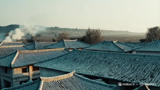 场景描述:川渝农村场景，破旧村落的青灰色瓦片屋顶占据画面主体，镜头缓慢横移，画面炊烟轻柔弥漫升起，自然光线，远处乡村景象背景模糊，焦点柔和，低饱和度清冷色调，8k画质。 by Hailuo AI Video Generator