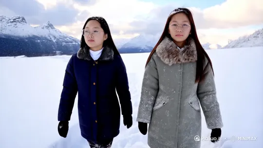 她和她妹妹在雪地上行走，远处山色白云 by Hailuo AI Video Generator
