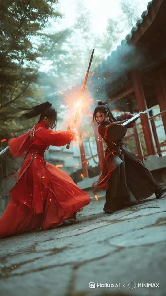 视频创作，根据这张图片尺寸9：16，
视频创作，根据这张图片，运动幅度是10，要求是真实效果，唯美，高质量摄影，一位古装红衣女剑客和黑衣男剑客激烈持续打头，身形如电，动作迅速，弹射，悬空，砍刺，剑气过处，楼阁倒塌，天空变色，360度大师运镜，真实。头发丝飘动，衣服，烟雾四起，4K髙清电影。红衣古装女剑客与手持紫色剑的黑衣男剑客、 在竹林中展开疯狂打斗， 在地面打斗，无人机俯视效果。他们你来我往，刀 光剑影，荧光闪烁的未来感场 景，ue5渲染，虚幻引擎制作。以动态跟踪镜头捕 捉精彩打斗瞬间，专业构图，达芬奇大师后期调 色。9:16

速幅度极快，要求是朦胧的月色下一位古装红衣女剑客与黑衣男剑客，持续不断的打头，电流与火星四溅，楼阁楼倒塌，很多竹杆被剑气划断，主体360度运镜，大师拍摄，动作流畅真实，狂风，竹叶，头发丝，衣裙飞舞，8K髙清电影。 by Hailuo AI Video Generator