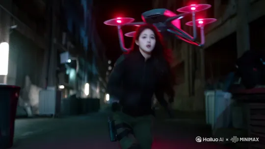 一个女特工正在飞奔，身后无人机追着 by Hailuo AI Video Generator