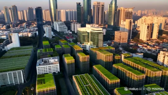 开场镜头：俯瞰城市全景**
   - **画面描述**：从高空俯瞰涟源市，现代化的城市天际线在晨曦中熠熠生辉。高楼大厦之间，绿意盎然的空中花园和垂直农场错落有致 by Hailuo AI Video Generator