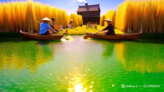 真实摄影,超细节,16K超清画质,全景镜头,24mm焦距,超现实小人国农庄场景。推镜头视角下,巨大农庄内,金黄色稻穗如参天大树,在微风中摇曳,沙沙声起。澄澈碧绿的人工湖面上,两艘小巧木船缓缓前行。
船头两位农夫,一位身着蓝布衬衫、头戴宽边草帽,帽檐随动作轻晃;另一位穿黑色短打,眼神专注坚定。他们紧握竹篙,有节奏地划水,晶莹水花溅起,竹篙水珠折射阳光。
岸边,还有村姑挎着饮篮采摘蘑菇,一次小花狗跟在村姑身旁摇头尾巴撒欢。几个顽皮小孩追逐翻飞的蝴蝶。
阳光洒下,为农庄覆上金色薄纱。波光粼粼湖面如破碎镜子,清晰映出稻穗摆动与木船前行的动态倒影。远处古朴木屋,烟囱炊烟袅袅升入蓝天。田埂五彩野花舞动,蝴蝶上下纷飞。
画面写实,细节栩栩如生,色彩鲜明,光影营造柔和梦幻氛围,似童话般奇妙生动。 by Hailuo AI Video Generator