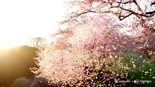 **高潮（40-55秒）**：樱花炸裂瞬间（高速摄影），花瓣飞溅与阳光折射光晕，叠加奔跑的鹿群剪影（广角逆光 by Hailuo AI Video Generator