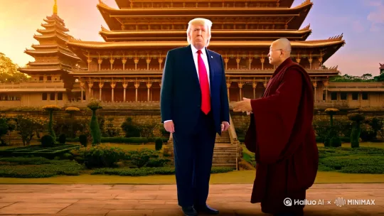 特朗普在少林寺方丈的教导下学会了龟派气功，特朗普使用龟派气功摧毁了一栋建筑 by Hailuo AI Video Generator