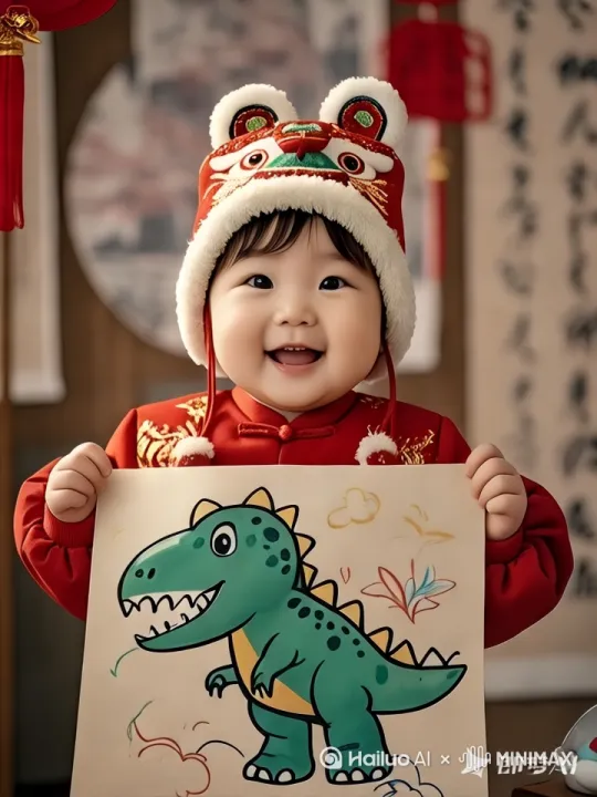 主题描述：中国小朋友穿着喜庆的服装，表演魔术，特写镜头展示画着彩色卡通小恐龙的纸张，小恐龙逐渐透明消失的过程。美学词：3D卡通风格，高饱和色彩，舞台聚光灯照射，纸张边缘泛着金光。专业词：高清8k分辨率，动态模糊处理，粒子消散特效。[推出,上升,下摇] by Hailuo AI Video Generator