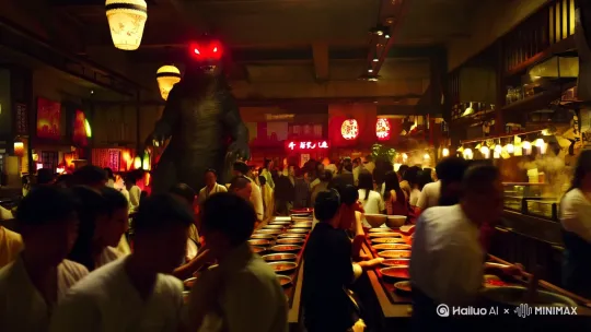 在宜在一家麻辣烫店里碰见一只哥斯拉。 by Hailuo AI Video Generator