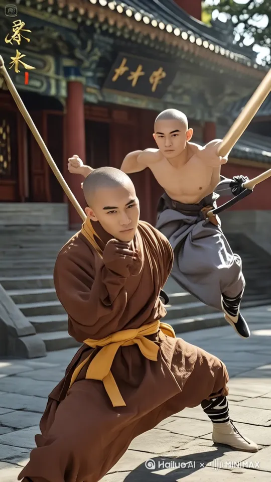 褐色僧衣武僧率先发难，一个箭步冲前，打出刚猛有力的少林拳。持棍武僧快速后退，旋即挥动齐眉棍，棍影如飞。僧衣武僧灵活闪避，找准时机，腾空而起，施展凌厉腿法，两人在场上激烈交锋。 by Hailuo AI Video Generator