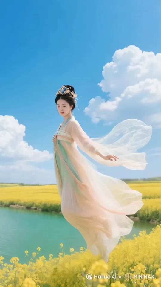 快速高空跟踪镜头移动，无人机视角，一个超现实的高速梦境序列相机紧密跟踪，相机从略高位置的俯视角度紧密跟踪从左后方向右后方移动，随着角色迅速穿越场景。环境是动态的，超级快速变化，美女像仙女一样飞向空中，飞的很高，轻松地在空中向前快速滑行，双臂向两侧伸展，头部向前捕捉平滑水平飞行的感觉。头发、衣服随风摇摆下面有跟图片中同样的油菜花海和自然景观，运动模糊和光迹增强了速度感和流畅性。超级快速移动。 by Hailuo AI Video Generator