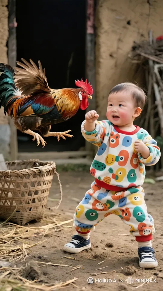 在农村的一个院子里，公鸡扑向小孩，小孩打出右拳还击。公鸡落地后飞起，并用尖喙啄小孩头。小孩往后躲避。公鸡穷追不舍，小孩一脚把公鸡踢倒。公鸡翻身起，用爪子划小孩脸，小孩出左手一巴掌把公鸡扇飞。写实摄影，高清画质，武术场面。10秒视频 by Hailuo AI Video Generator