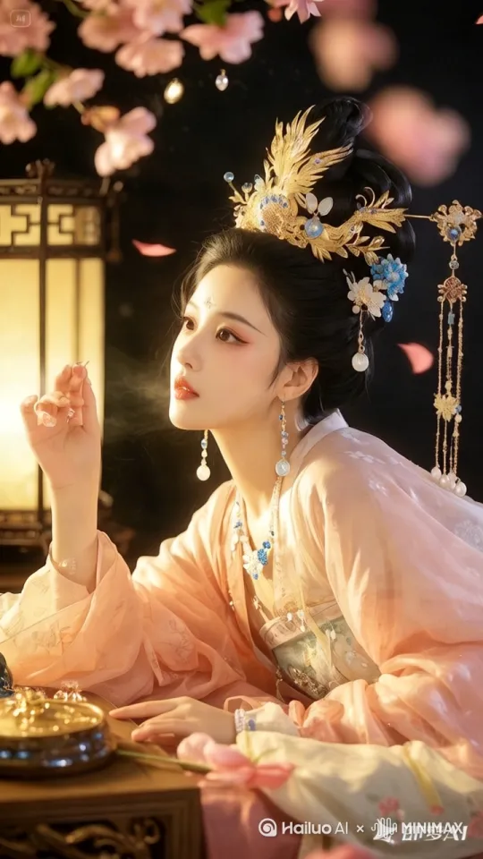 发饰闪闪发光，画面中的红色花瓣缓缓掉落，微微一笑，雾气氤氲 by Hailuo AI Video Generator