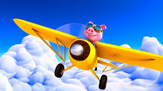 "A 3D animated pink pig wearing aviator goggles joyfully piloting a yellow biplane through vibrant blue skies, fluffy cumulus clouds swirling around the plane, sunlight glinting on the wings, Pixar-style character design, dynamic camera angles showing the plane performing barrel rolls, cheerful cartoon atmosphere, 4k resolution" by Hailuo AI Video Generator