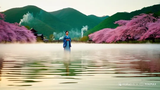 在一个宁静的春日清晨,薄雾轻轻笼罩着湖面,湖水如镜,倒映着四周的美景。湖边的桃花树正值盛开,粉红色的花瓣在微风中轻轻摇曳,仿佛在空中翩翩起舞。偶尔有几片花瓣飘落,落在湖面上,随着轻柔的波纹缓缓漂移。
湖的中央有一座小桥,桥上站着一位身着淡雅汉服的女子,她正凝视着湖面,似乎在欣赏这如诗如画的美景。远处,青山环绕,山脚下有几间古朴的房屋,炊烟袅袅升起,与天边的朝霞相映成趣。
整个画面充满了宁静与和谐,仿佛时间在这一刻静止,让人感受到一种超凡脱俗的美。 by Hailuo AI Video Generator