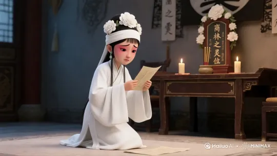 女孩伤心的站起来，看向蜡烛。镜头平移 by Hailuo AI Video Generator
