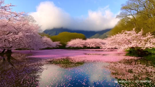密集的粉色桃花瓣铺满湖面,柔和的阳光穿过花枝,水面倒映着淡粉色花瓣和蓝天白云,湖岸两侧盛开着茂密的桃树,超高清8K画质,广角镜头拍摄,景深效果明显,远处朦胧的山脉轮廓,自然柔和的色调,花瓣在微风中缓缓飘落的动态捕捉 by Hailuo AI Video Generator