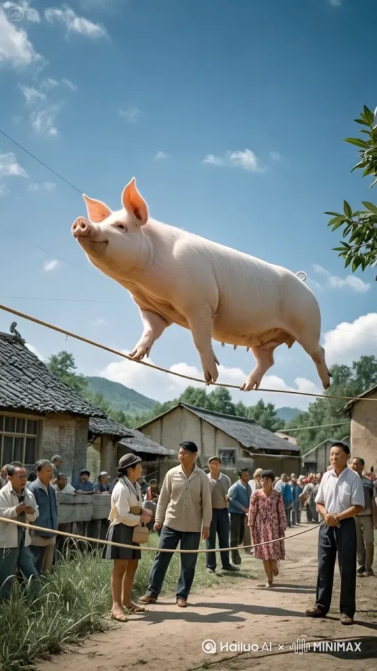 镜头移动，动态跟随，猪在绳子上花式跳舞，转圈，抬腿，仰头，前腿与后腿衔接顺畅，上蹿下跳。 by Hailuo AI Video Generator