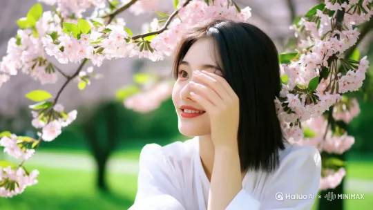 美女坐在海棠树下，微笑的看着远方。 by Hailuo AI Video Generator